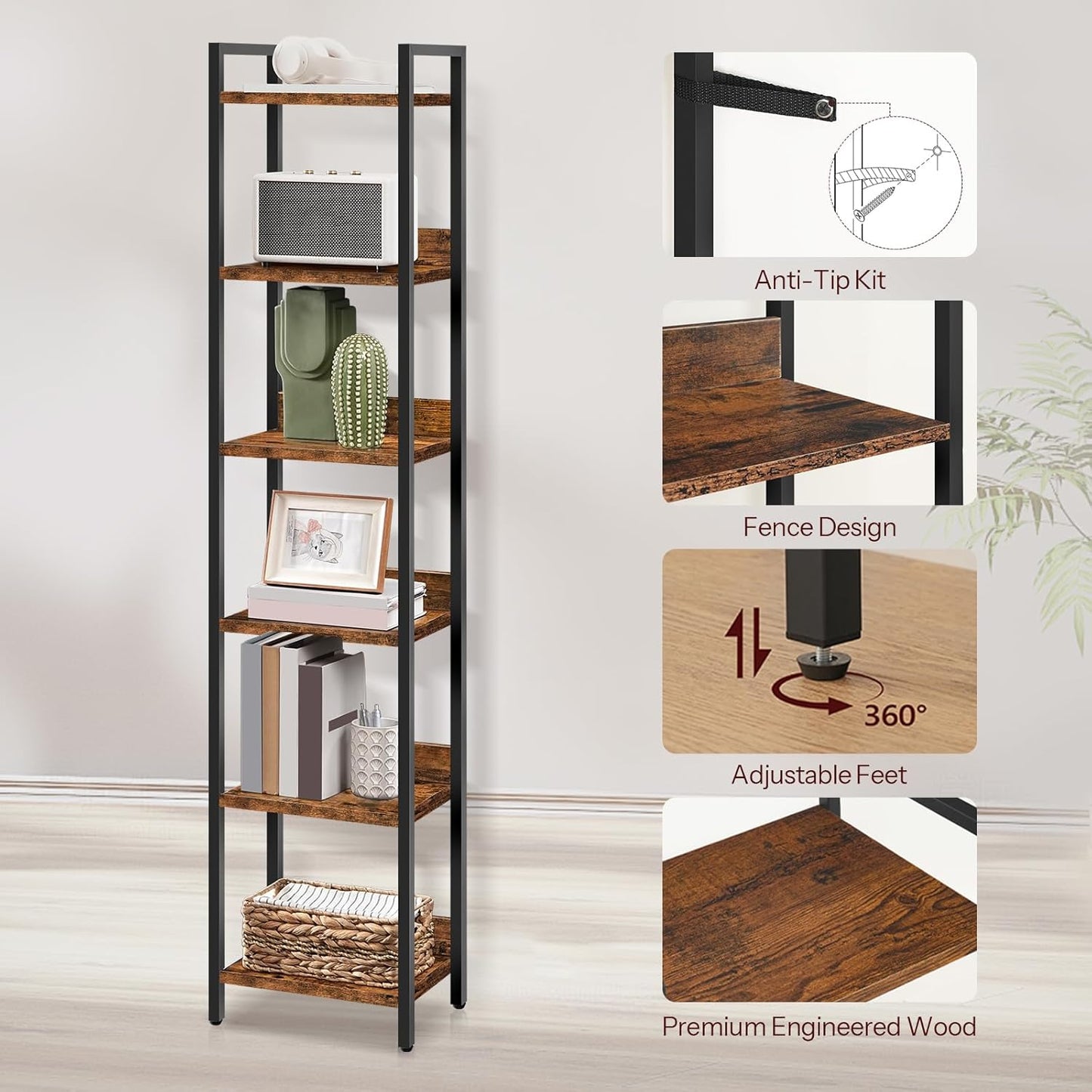 Bookshelf, 6-Tier Bookcase, Standing Book Shelf for Small Space, Storage Shelf Organizer, for Living Room, Bedroom, Study, Balcony, Rustic Brown and Black BKHR6601