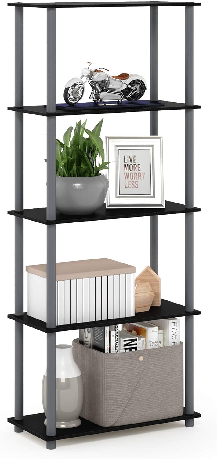 Furinno Turn-N-Tube 5-Tier Multipurpose Shelf / Display Rack / Storage Shelf / Bookshelf, Round Tubes, Black/Grey