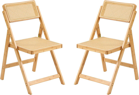 Rattan Folding Chairs, Modern Mid Century Dining Chairs Set of 2, Outdoor Bamboo Chair for Bedroom Living Room Reading Room Dining Kitchen, Wood