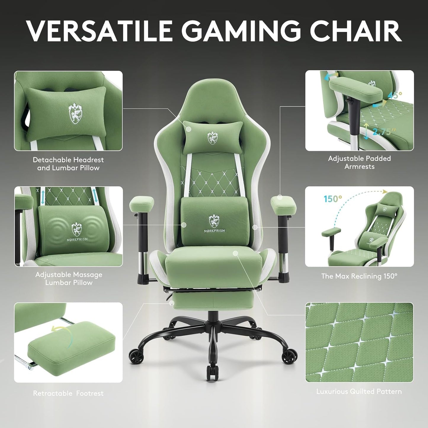 Gaming Chair Breathable Fabric,Computer Office Chair with Footrest,Massage Lumbar Support and Gel Pad,Ergonomic Reclining Gamer Chair with Adjustable Armrests and Spring Cushion Green