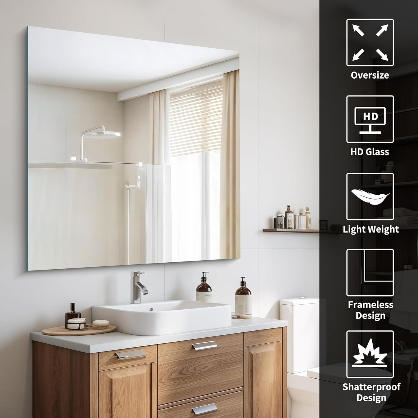 Frameless Mirror, 42x42 inch Square Bathroom Mirrors for Wall, Upgraded Shatterproof Vanity Mirror Over Sink with Polished Edge for Bathroom,Bedroom,Living Room and Entryway