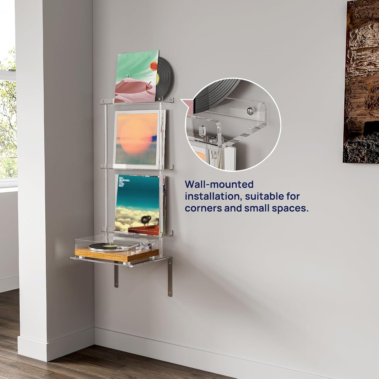 HMYHUM Wall Mounted Acrylic Record Player Stand, Clear Floating Record Player Table with Vinyl Storage, Modern, 15.6" L x 11.6" W x 40.2" H