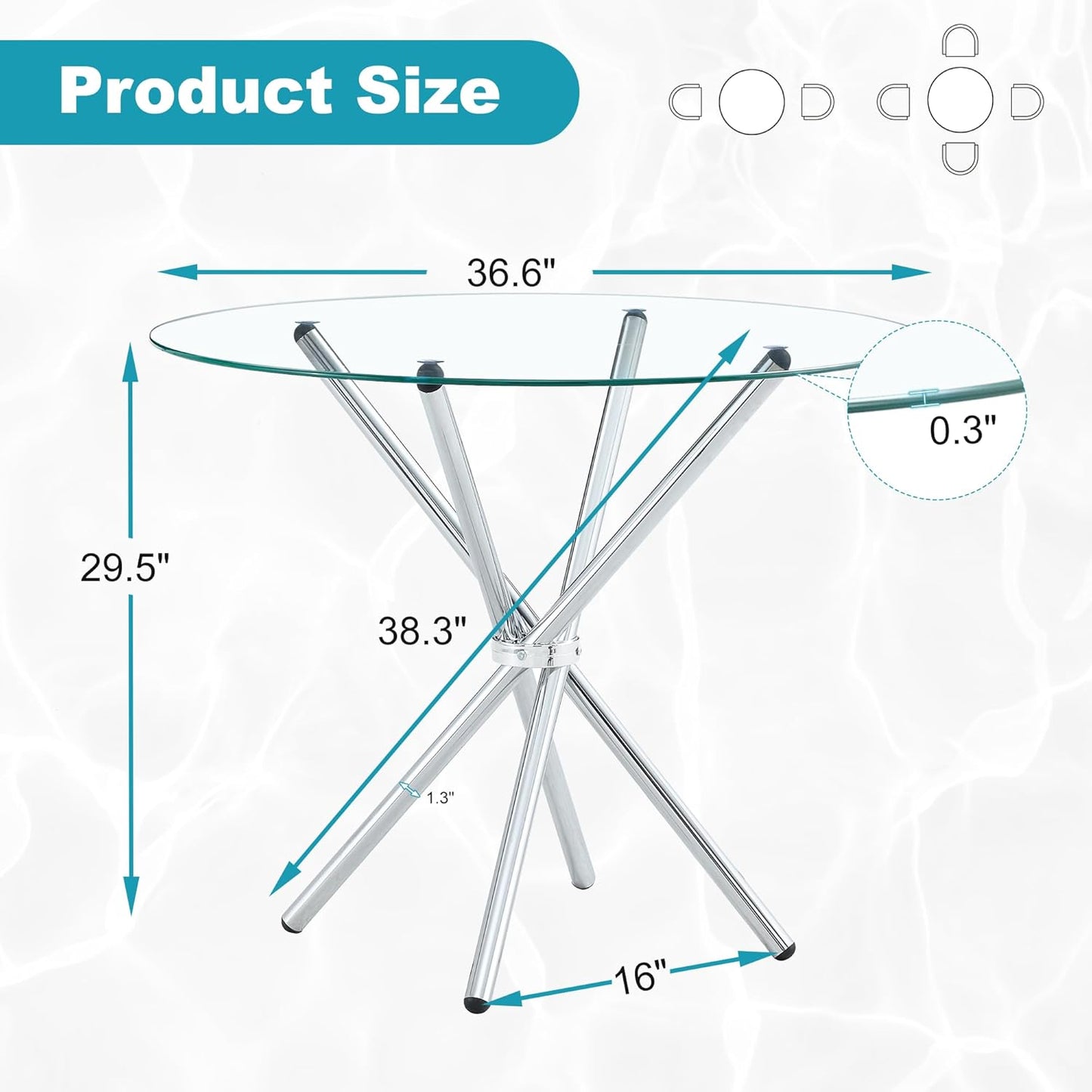 Kitchen Table for 2 Modern 36.6" Round Glass Table Small Tables with Trestle Metal Leg for Living Room and Apartment, Silver