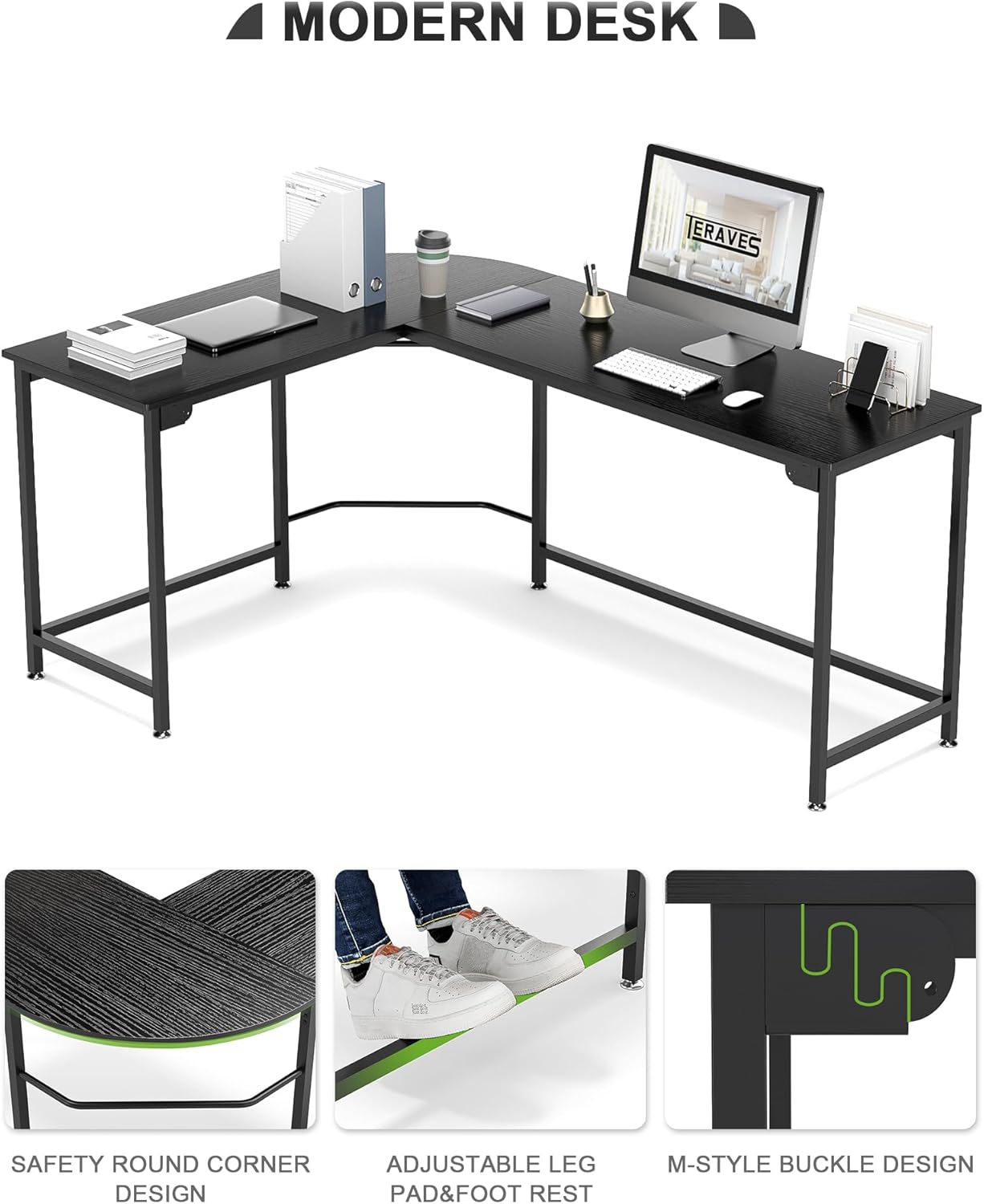 Teraves Modern L Shaped Gaming Desk 66'' Corner Computer Desk for Home Office Gaming Table Study Writing Workstation for Small Space, Easy to Assemble
