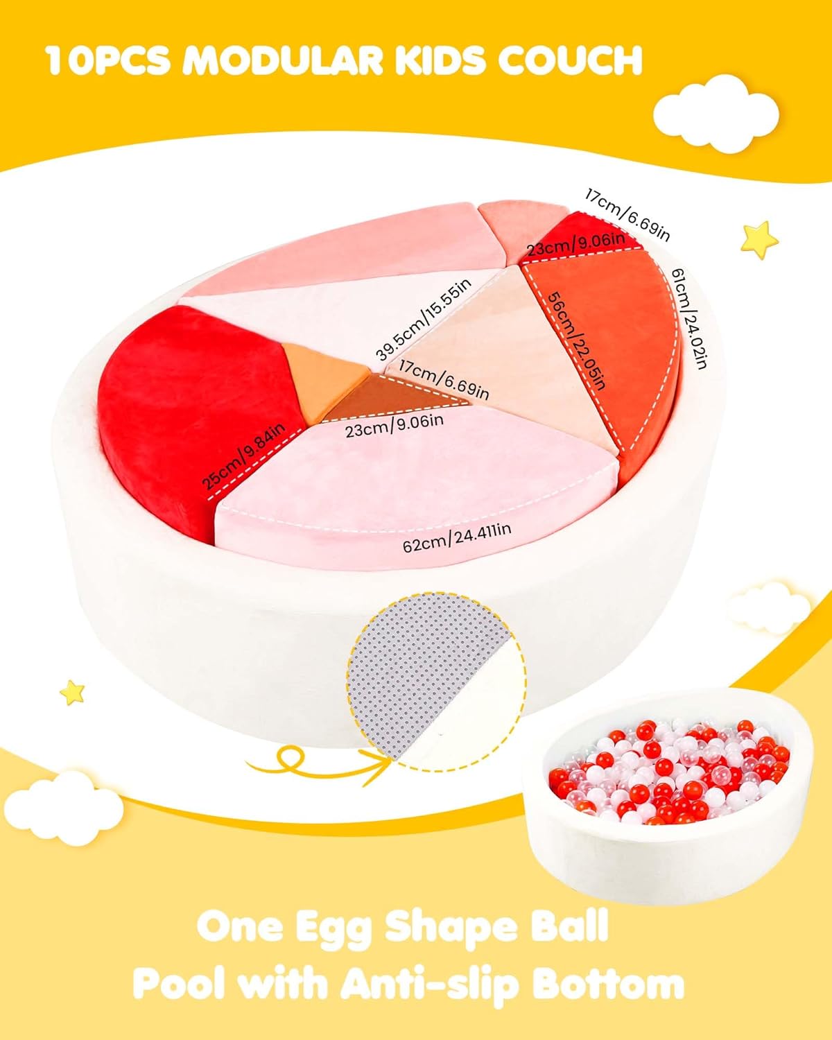 Kids Play Couch, 2-in-1 Egg-Shape Kid Plays Sofa with Unique Ball Pit(no Balls Included), Tangram Puzzle Play Couch for Playroom, Modular Play Couchs for Inspiring Creativity, Glow