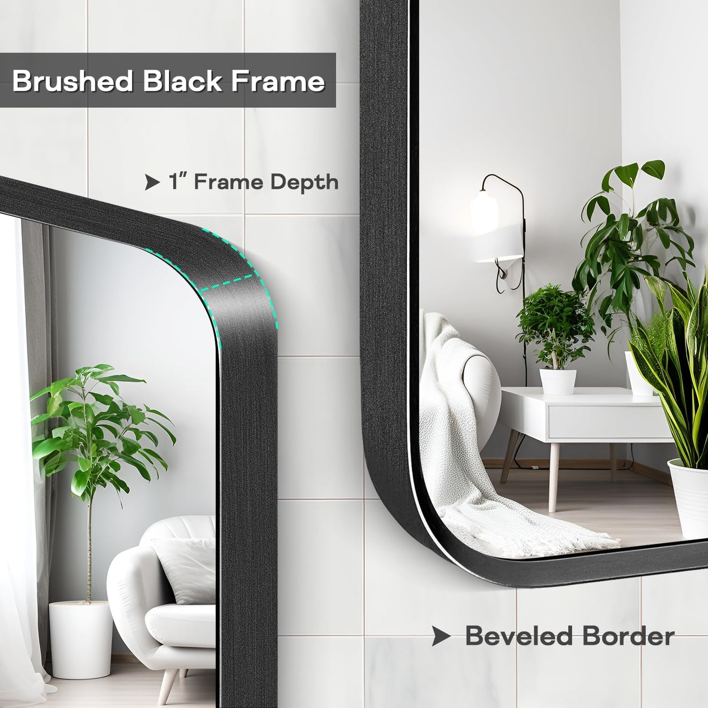 Wall Mount Mirror for Bathroom, Brushed Black Metal Framed Rounded Corner Rectangular Vanity Mirror (24" x 30", Black)