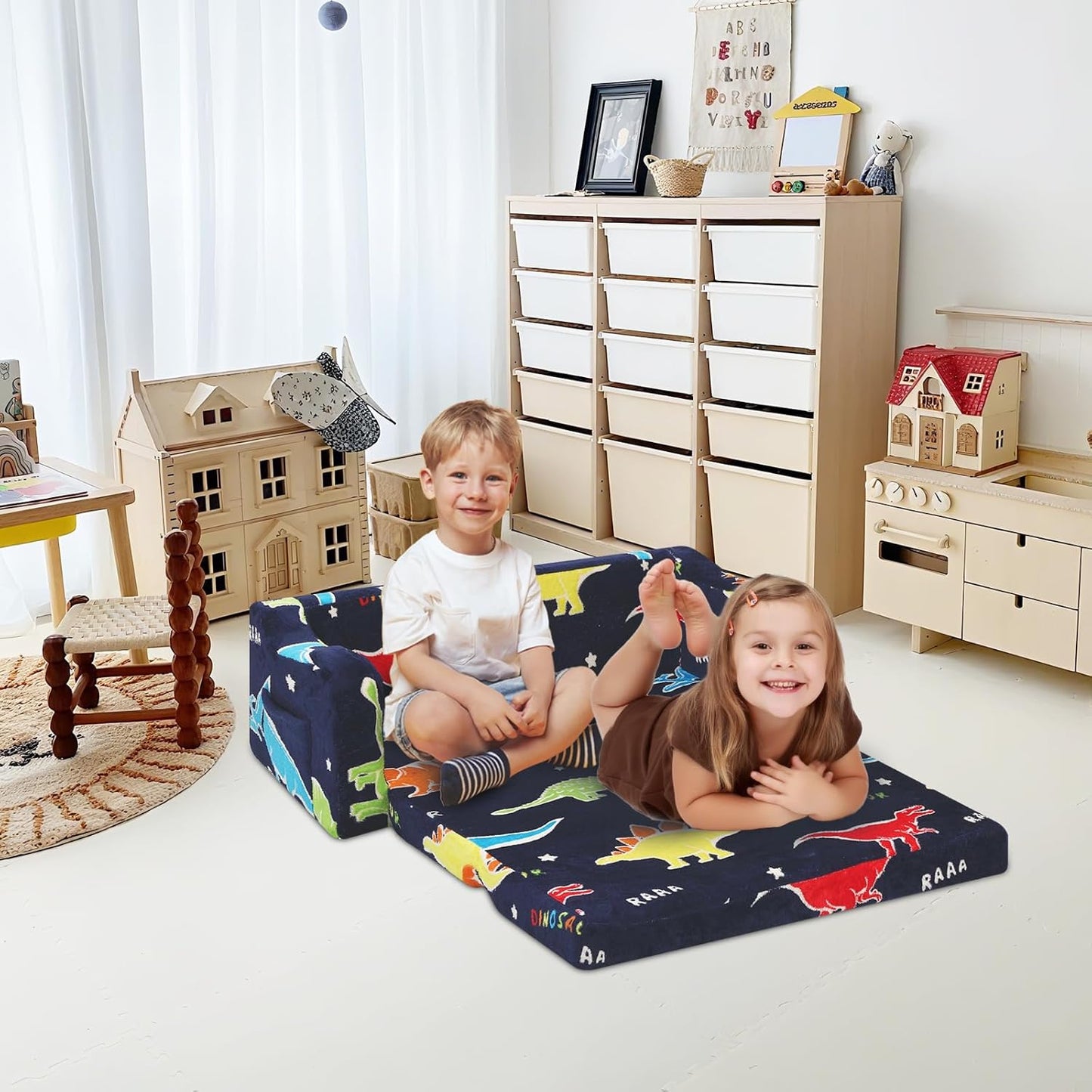 Kids Couch Extra Large,Glow in The Dark 2-in-1 Folding Kids Sofa Bed for Boys,2 Seats Convertible Sleeper Lounger Toddler Couch for Children Bedroom Playroom Nursery,Dinosaur