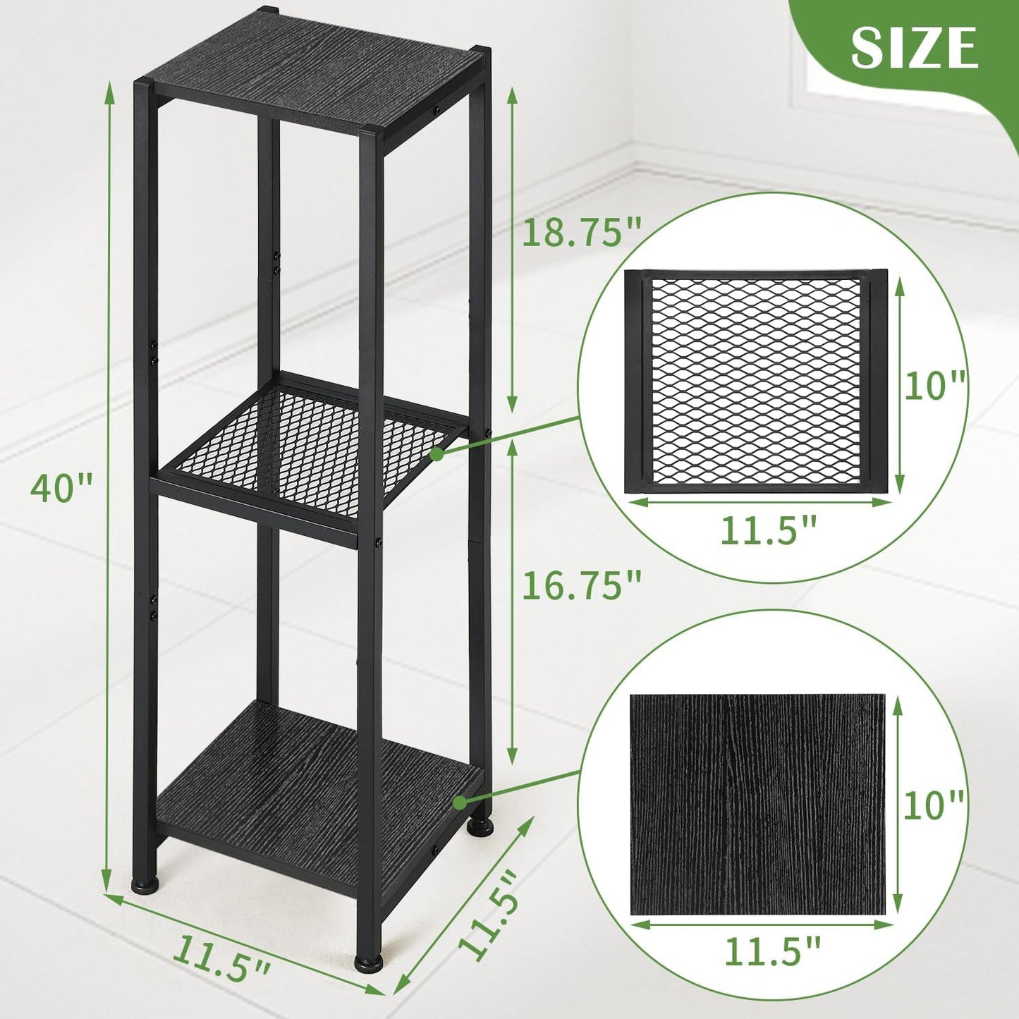 Extra Tall Plant Stand Indoor,40 Inch Plant Stands,3 Tier Metal Plant Stand with Heavy Duty Wood and Metal Mesh Shelf,Black