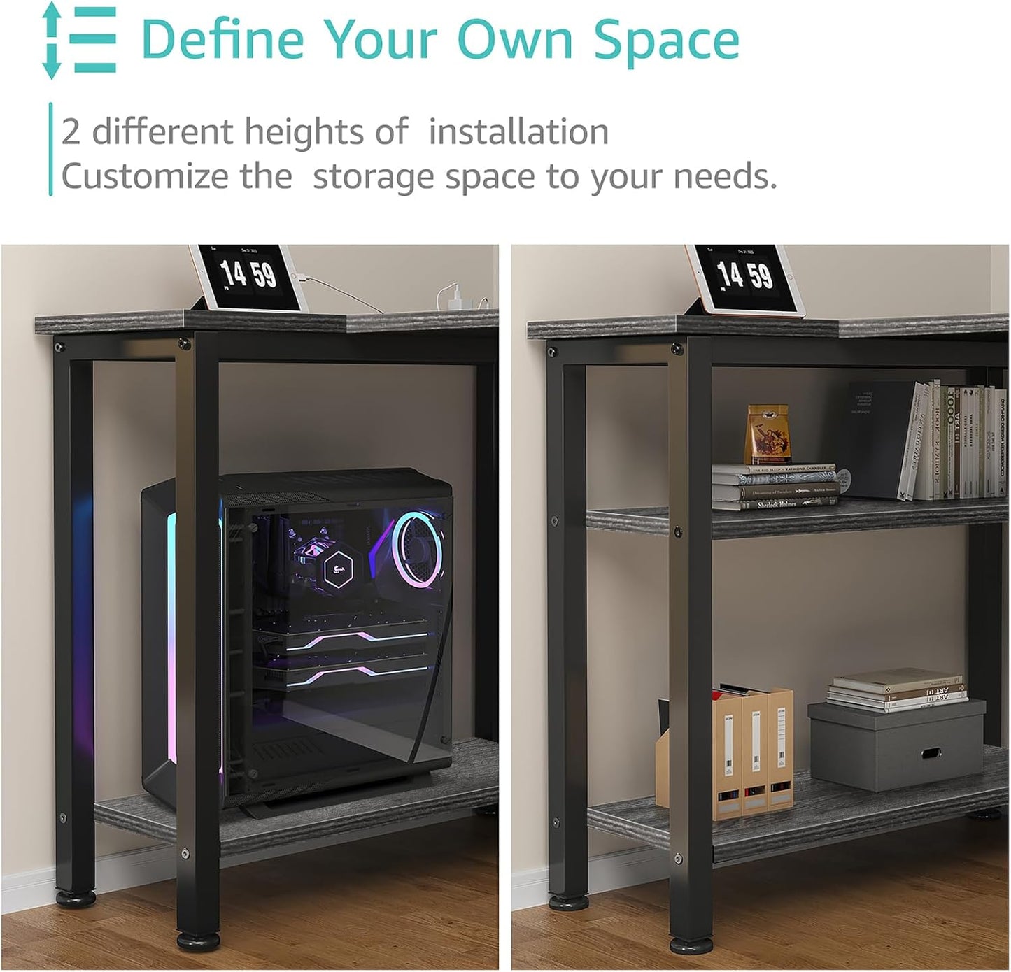 Lufeiya L Shaped Computer Desk with Drawers & Storage Shelves, 47 Inch Small Corner Desk with Power Outlet for Home Office Bedroom, L-Shaped Gaming PC Desks with Fabric Drawer, Gray