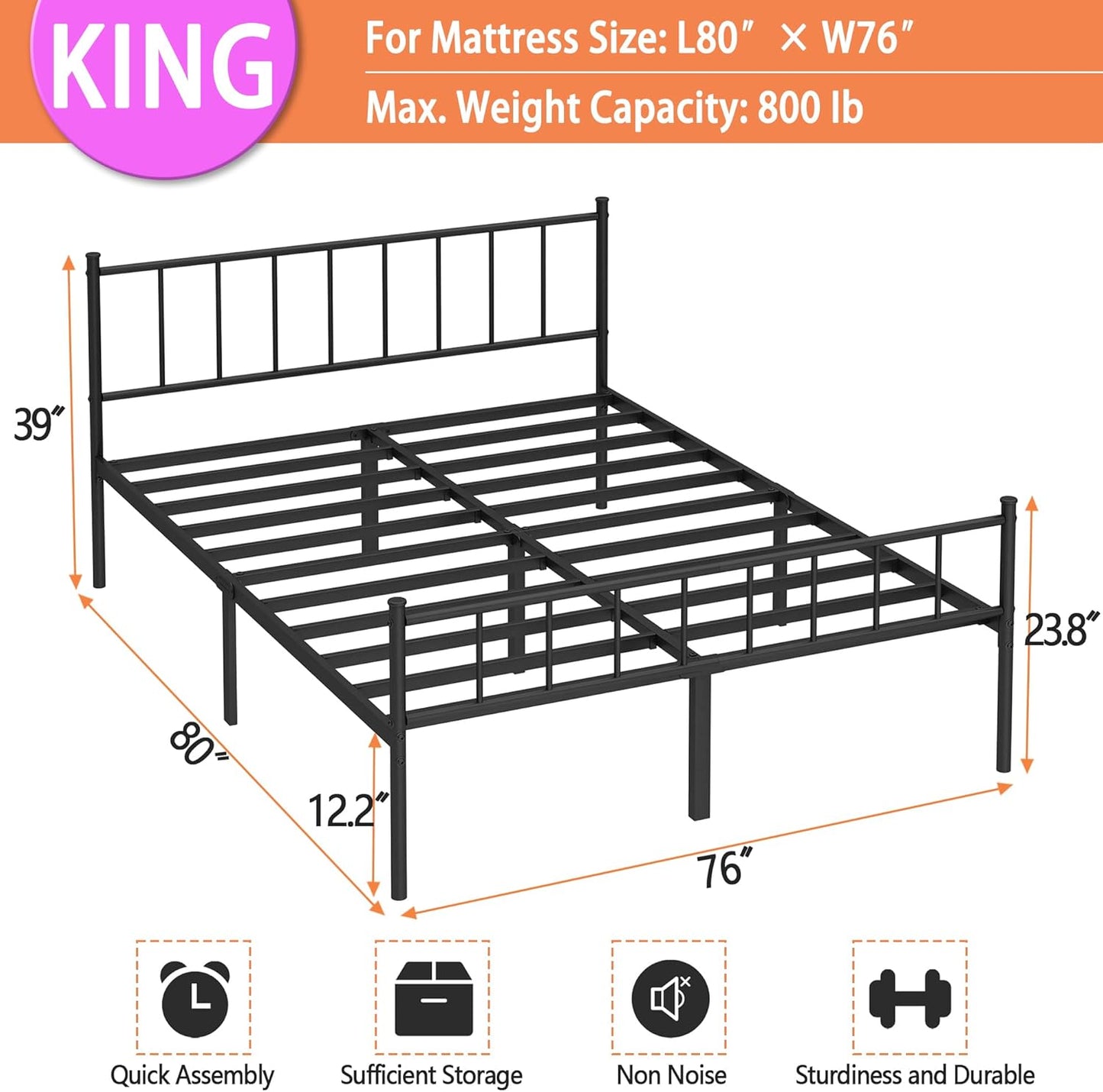 King Bed Frame-Classic Metal Platform Bed Frame,Mattress Foundation with Steel Slat Support,Under Foundation Storage,No Box Spring Needed, Easy Assembly, King Size