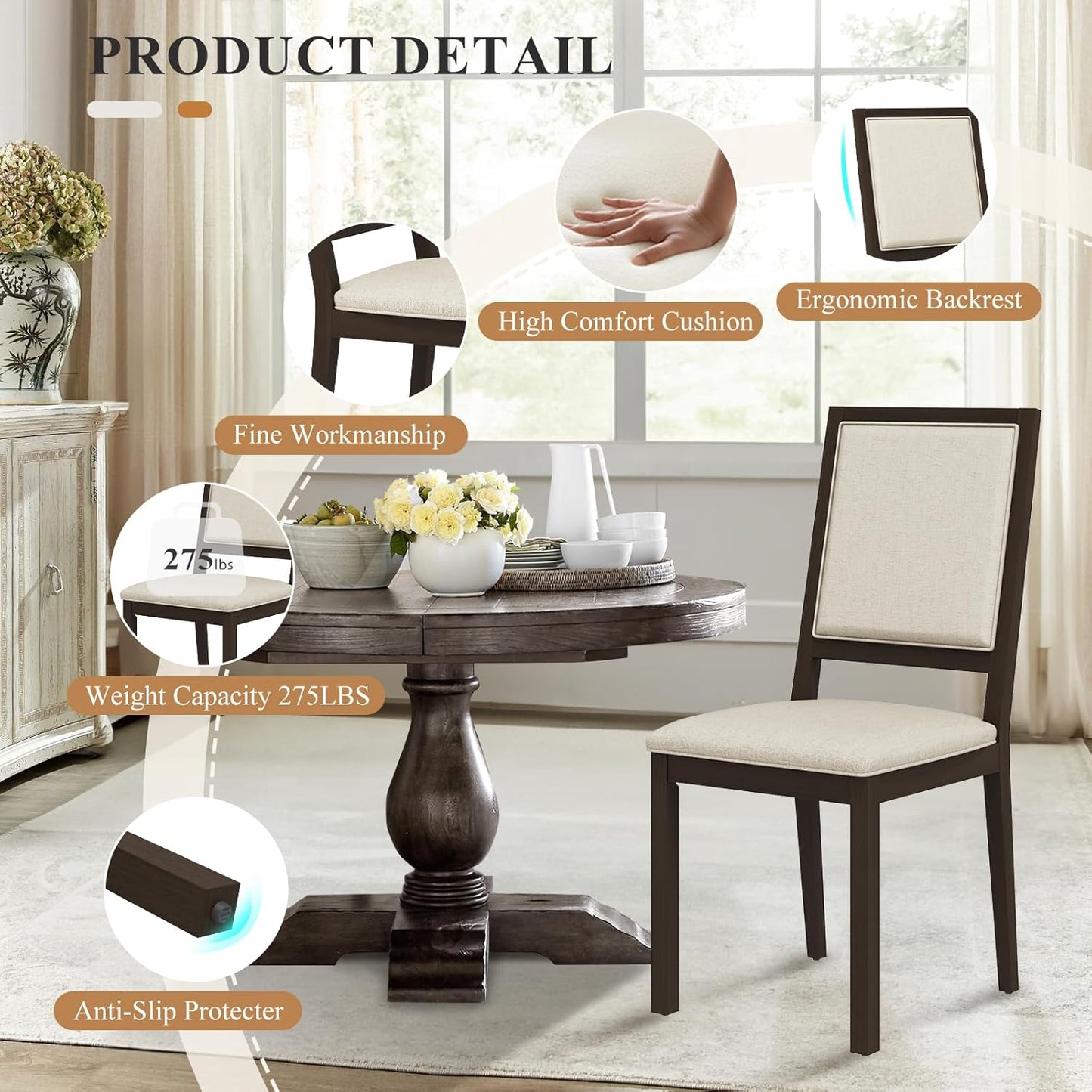 COLAMY Upholstered Kitchen Dining Chairs Set of 6, Wood Dining Chairs with Back, 19 Inch Fabric Farmhouse Dining Room Side Chairs with Wooden Legs for Kitchen Dining Living Room Courtyard, Brown