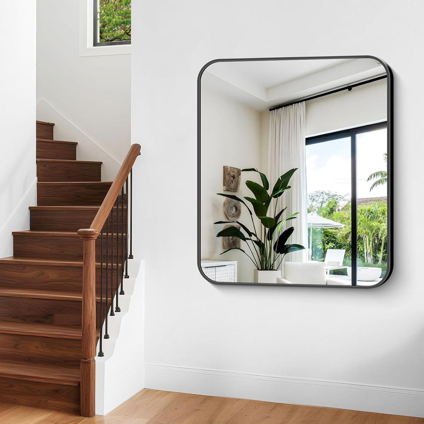 Bathroom Mirror, 40 x 36 inch Black Rectangle Wall Mirror, Metal Frame Rectangular Vanity Mirror, Rounded Corner Wall Mounted Mirror for Modern Bedroom Living Room Hangs Horizontal/Vertical
