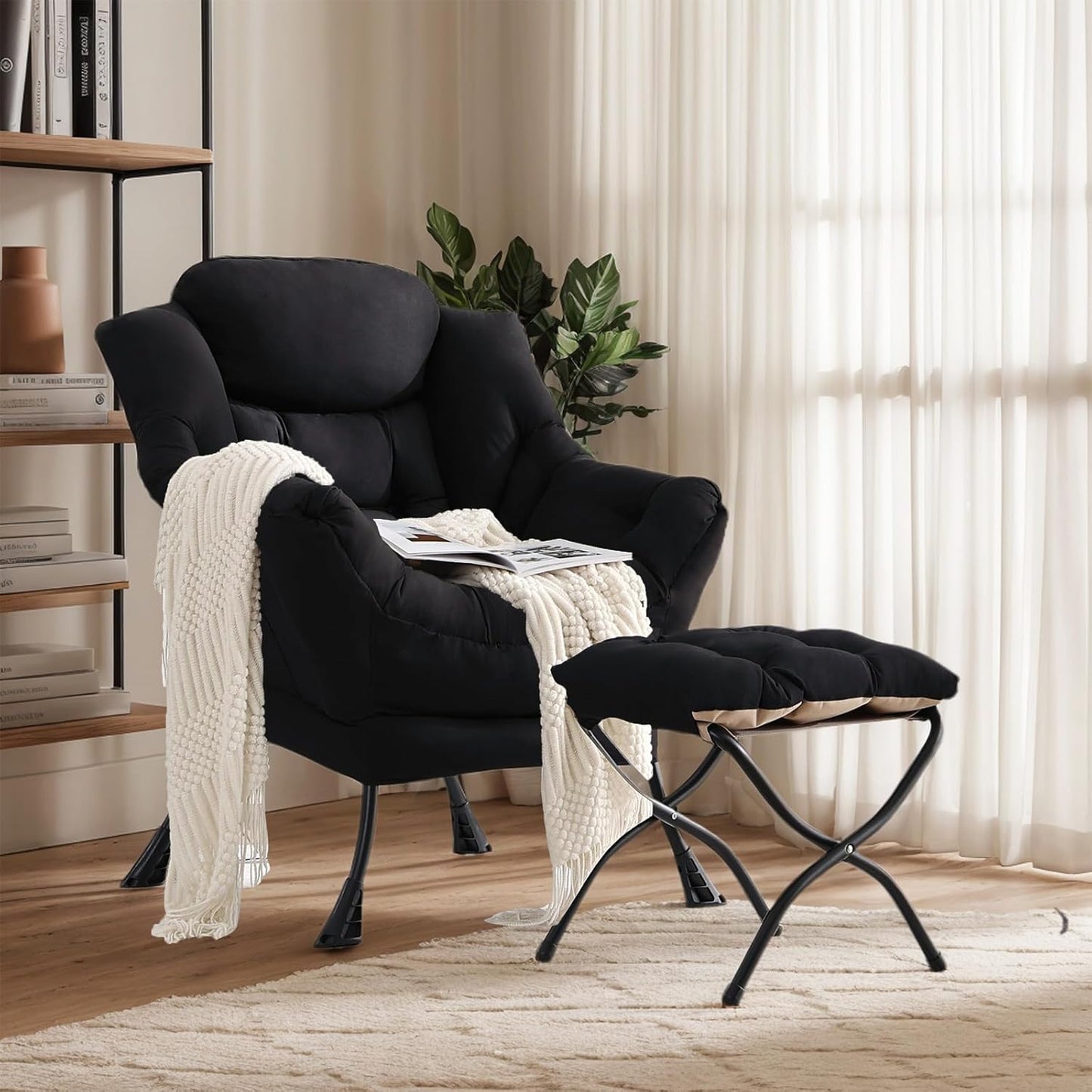 Lazy Chair with Ottoman, Large Modern Lounge Accent Chair with Armrests and Footrest, Reading Armchair with Ottoman, Leisure Sofa Chair for Living Room, Bedroom, Dorm Room, Office（Black）