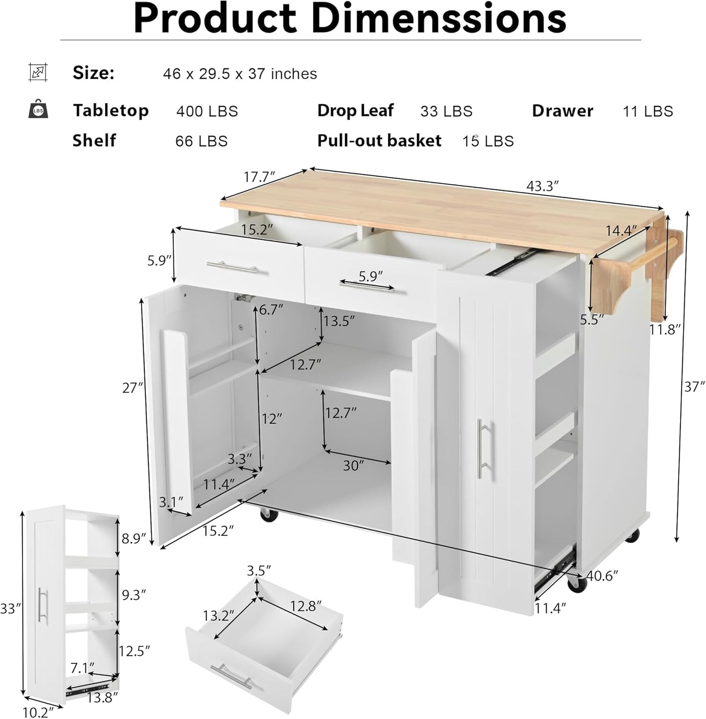 46" Kitchen Island with Drop Leaf,Kitchen Storage Cart W/ 3 Tier Pull Out Cabinet Organizer & Internal Storage Rack,Rolling Kitchen Cart on Wheels W/Towel Rack & 2 Drawers,for Kitchen,White