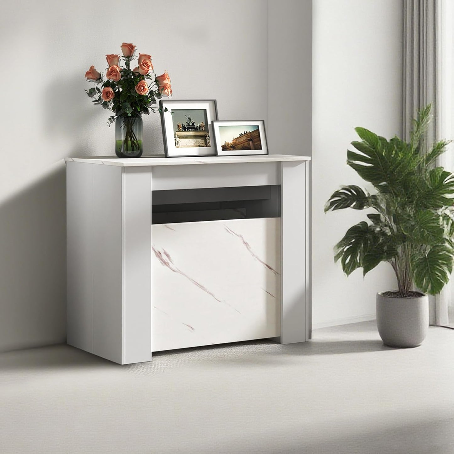 Expandable Dining Table, Convertible Table for Dining Room, Kitchen and Small Spaces, for 2-10 People, White Marble