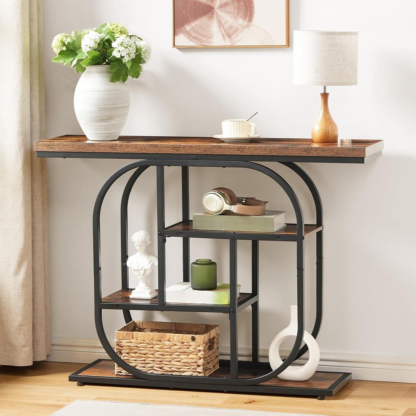 HOOBRO 43.3" Console Table, 4-Tier Sofa Table, Industrial Entryway Table, Behind Couch Table, Accent Table with Storage Shelf for Entryway, Foyer, Living Room, Bedroom, Hallway, Rustic Brown BF65XG01