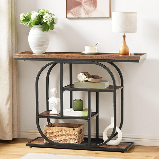 HOOBRO 43.3" Console Table, 4-Tier Sofa Table, Industrial Entryway Table, Behind Couch Table, Accent Table with Storage Shelf for Entryway, Foyer, Living Room, Bedroom, Hallway, Rustic Brown BF65XG01