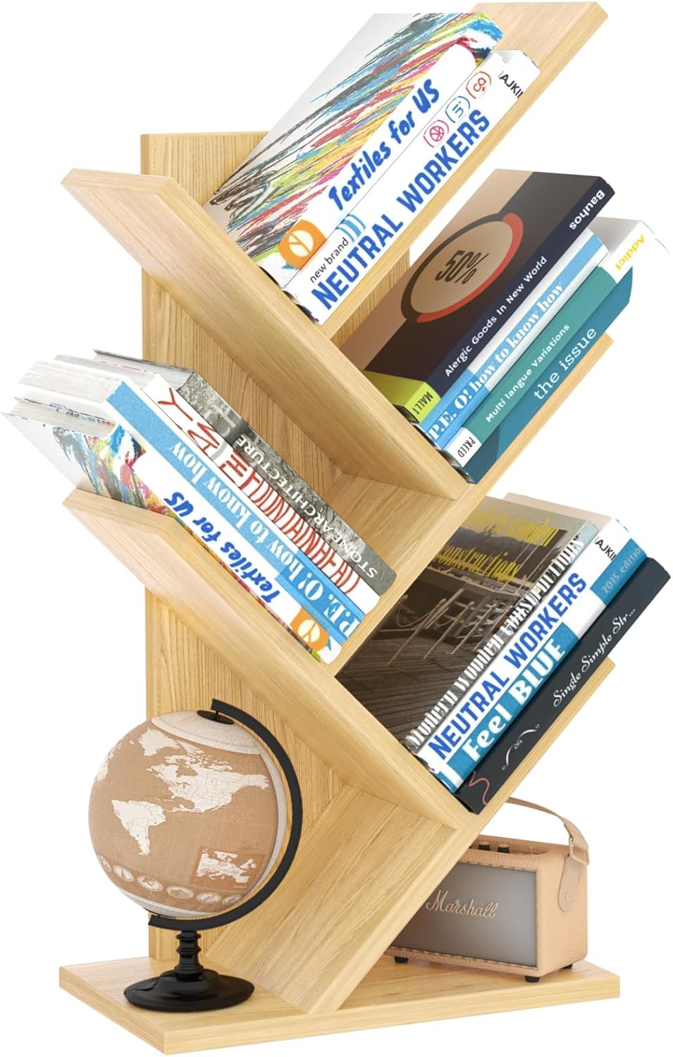 5 Tier Tree Book Shelf, Small Desktop Bookshelf with Storage Organizer, Wood Bookcase, Desk Display Bookshelves, Floor Standing Organizer Bookcases for Living Room,Bedroom,Office-Natural