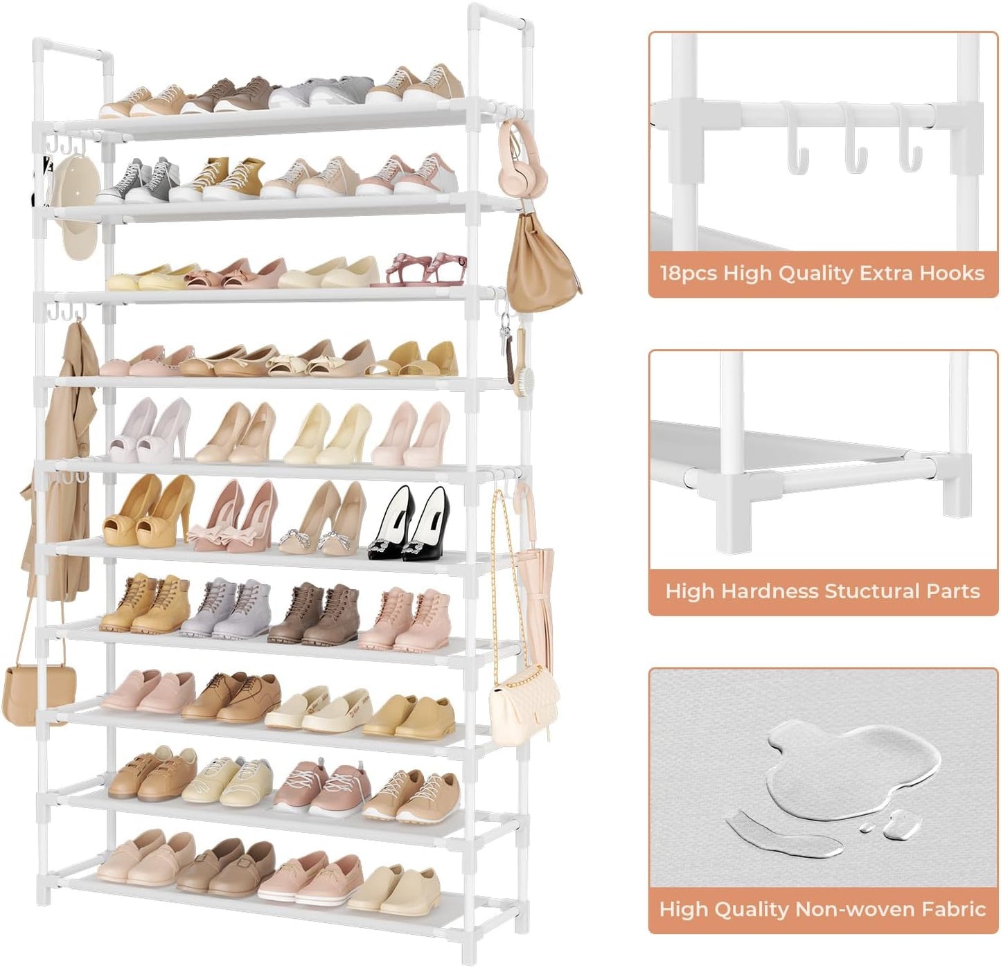 Tall Shoe Rack 10 Tier Shoe Organizer Large Shoe Shelf with 18 Hooks Storage for 50 Pair Sneaker and Boot, Stackable Vertical Shoe Rack Organizer for Closet, Entryway, Bedroom, White