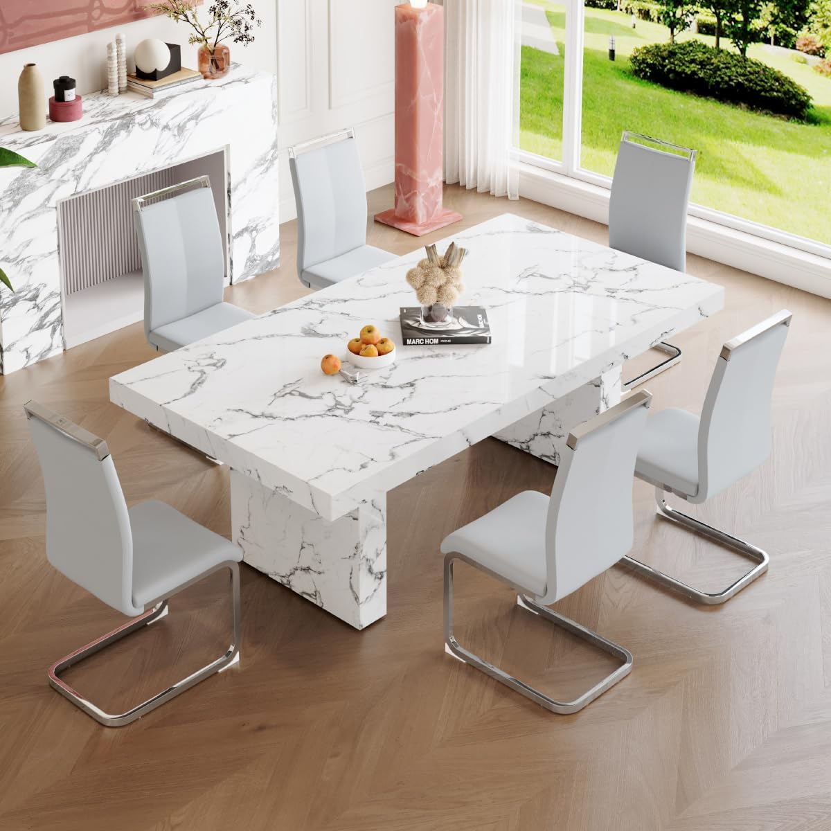 Dining Chairs Set, Kitchen Modern Metal Chairs with Faux Leather Padded Seat High Back and Sturdy Chrome Legs, Chairs for Dining Room (Light Gray, Set of 4)