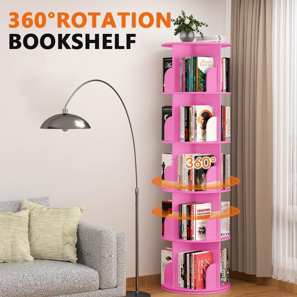 Nidouillet Rotating Bookshelf Tower, 5 Tier Spinning Bookcase Lazy Susan, Revolving 360 Book Shelf Storage Round Organizer, Vertical Rotate Turning Corner Book Case for Small Space, Pink
