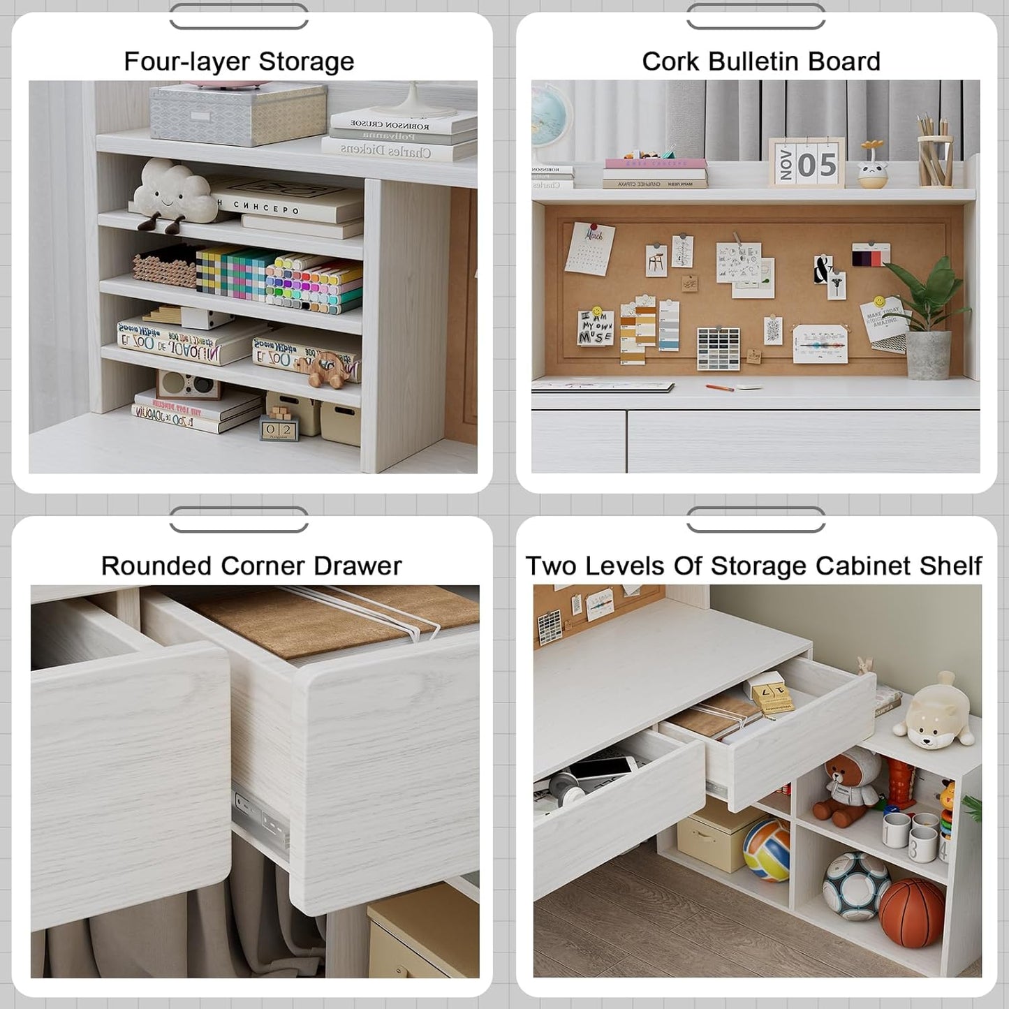 White Wooden Kids Desk and Chair Set, Kids Study Desk with Removable Large Storage Cabinet,Kid Study Table and Chair Set with 2 Drawers & 4 Cabinets,Girls Desks for Kid for Bedroom