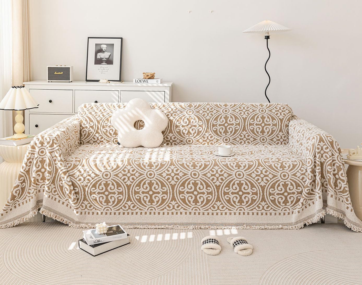 STACYPIK Khaki French Jacquard Couch Covers Thickened Boho L Shape Sofa Covers Soft Pets Protector for 3 Cushion Couch Washable Dogs Cats Couch Protector Cover Non Slip Throw Blanket-71X134IN