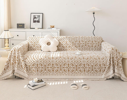 STACYPIK Khaki French Jacquard Couch Covers Thickened Boho L Shape Sofa Covers Soft Pets Protector for 3 Cushion Couch Washable Dogs Cats Couch Protector Cover Non Slip Throw Blanket-71X134IN