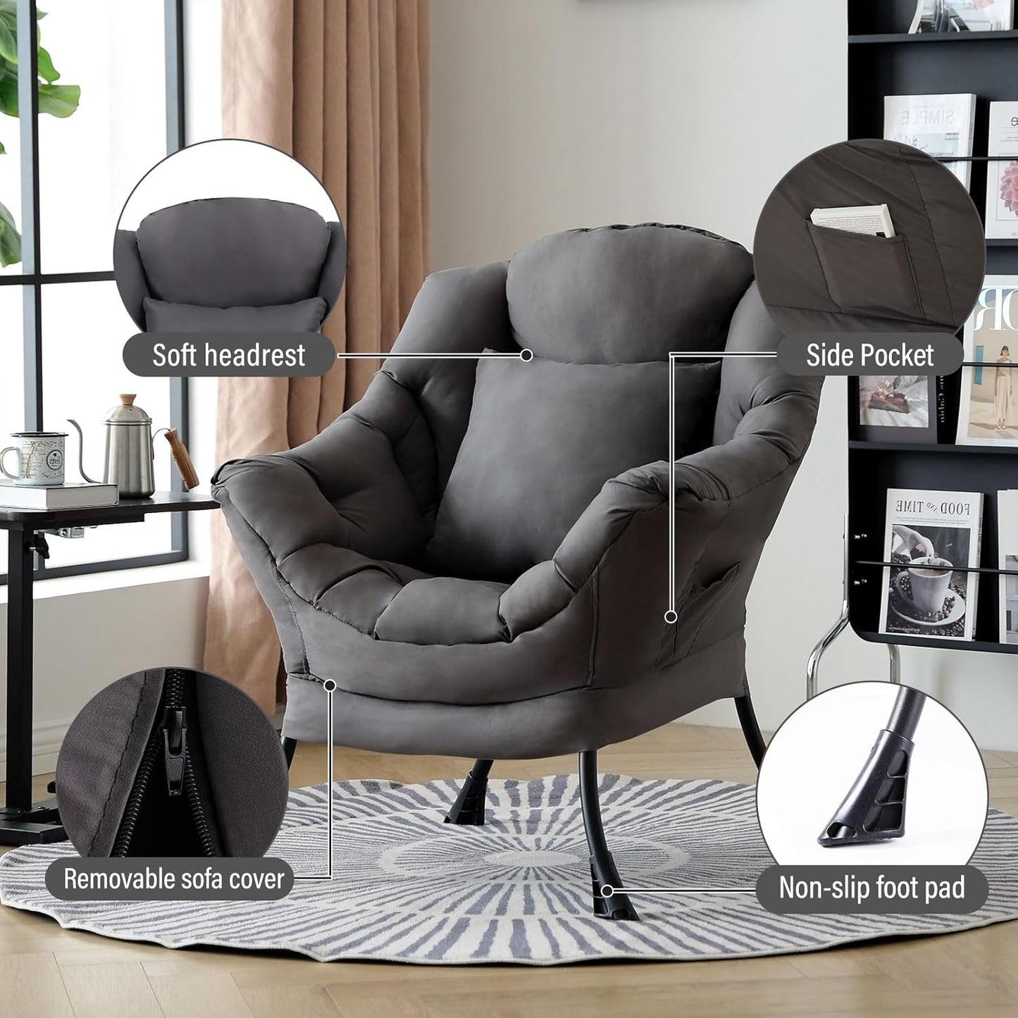 Lazy Chair with Pillow for Living Room, Modern Lounge Accent Chair with Armrests, Leisure Sofa Chair Set, Reading Chair for, Bedroom, Dorm Room, Office, Dark Grey