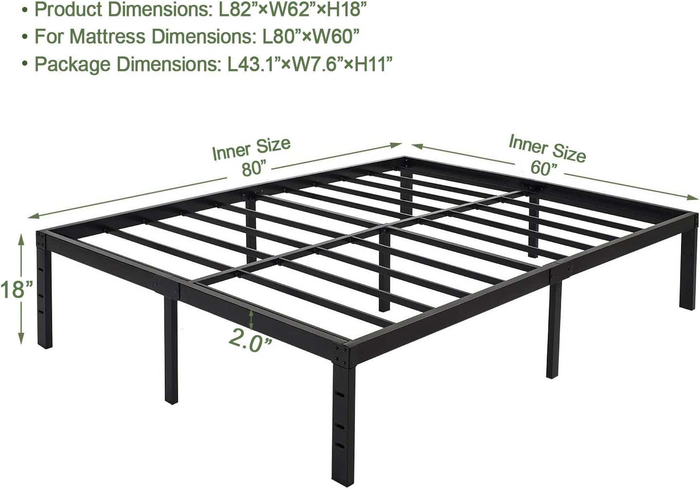45MinST 18 Inch Platform Bed Frame/Easy Assembly Mattress Foundation / 3000lbs Heavy Duty Steel Slat/Noise Free/No Box Spring Needed,Queen