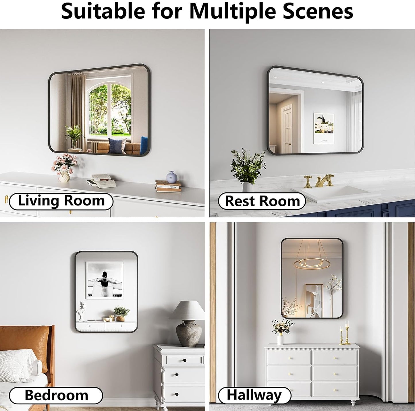 Bathroom Mirror, 28X32 Inch Black Metal Framed Mirror for Bathroom, Tempered Glass, Anti-Rust, Rounded Rectangle Mirror for Restroom, Bedroom, Black