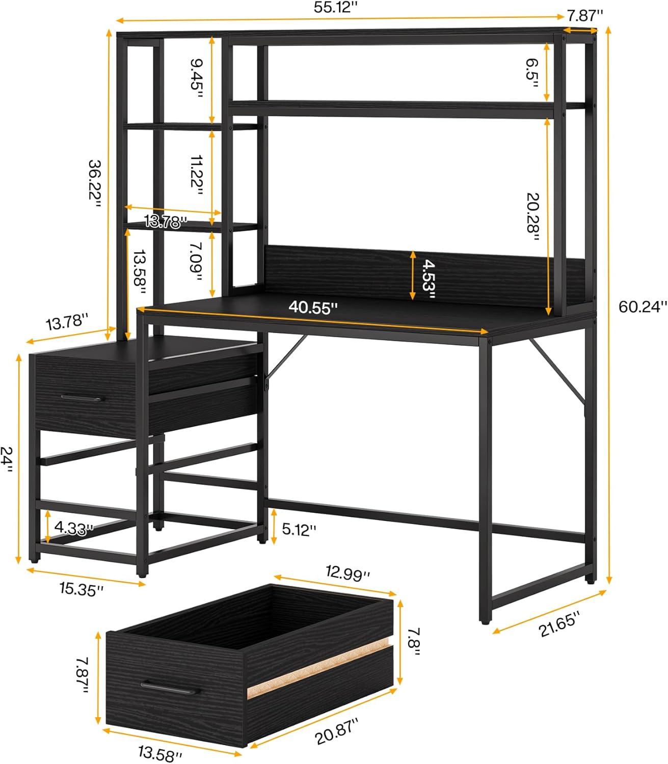 Tribesigns 55 Inch Computer Desk with 2 Drawers and Storage Shelves, Rustic Office Desk with Hutch, Study Writing Gaming Table Laptop Workstation for Home Office (Black)