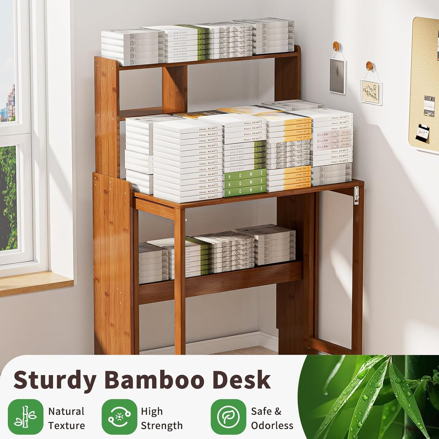 Bamboo Folding Desk with Storage Rack Mid Century Modern Desk for Home Office Bedroom Small Spaces, Brown