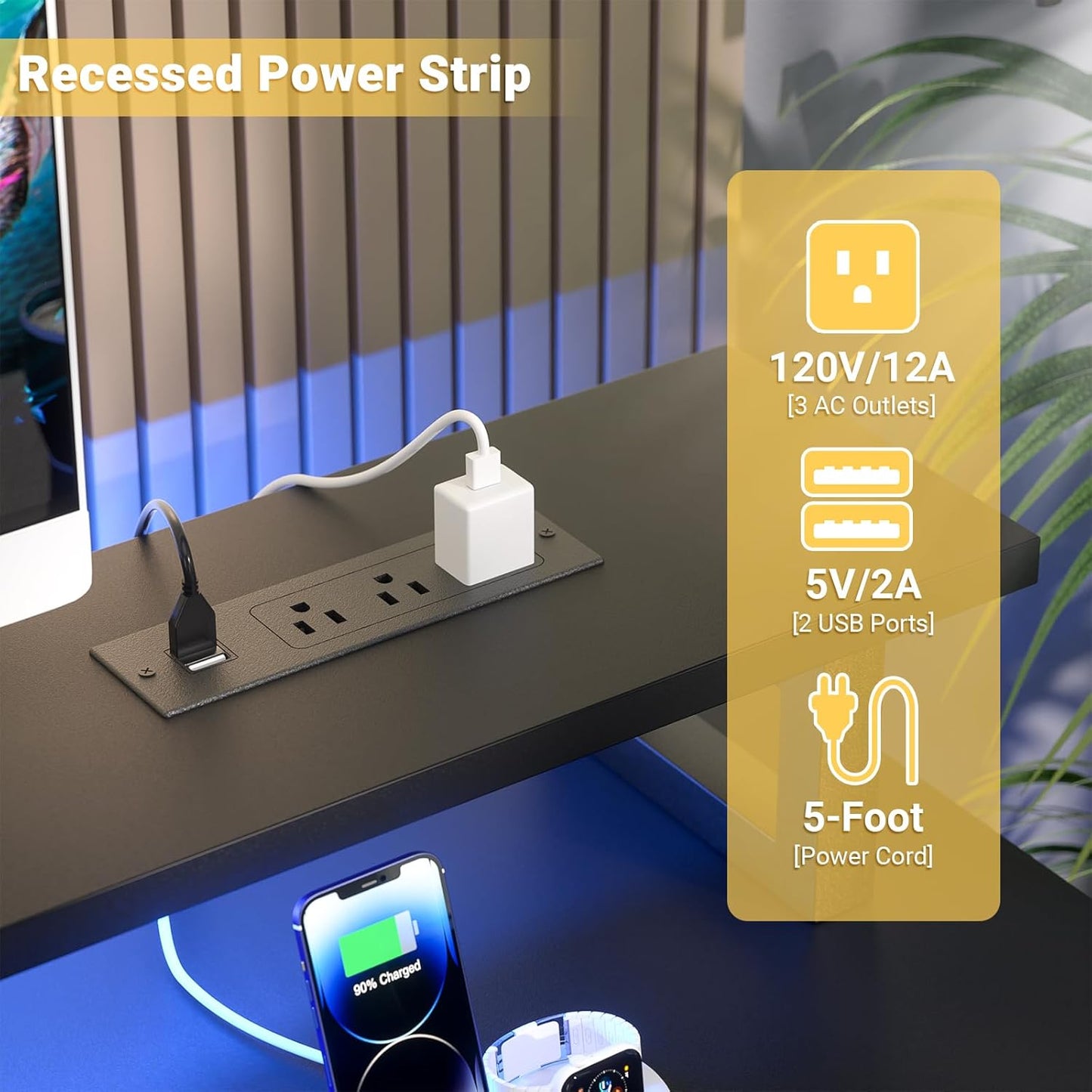 Computer Desk with USB Power Outlets and LED Lights,55 inch Gaming Desk with Monitor Stand for Small Space Home Office, Modern Simple Study Writing Table PC Desks, Black