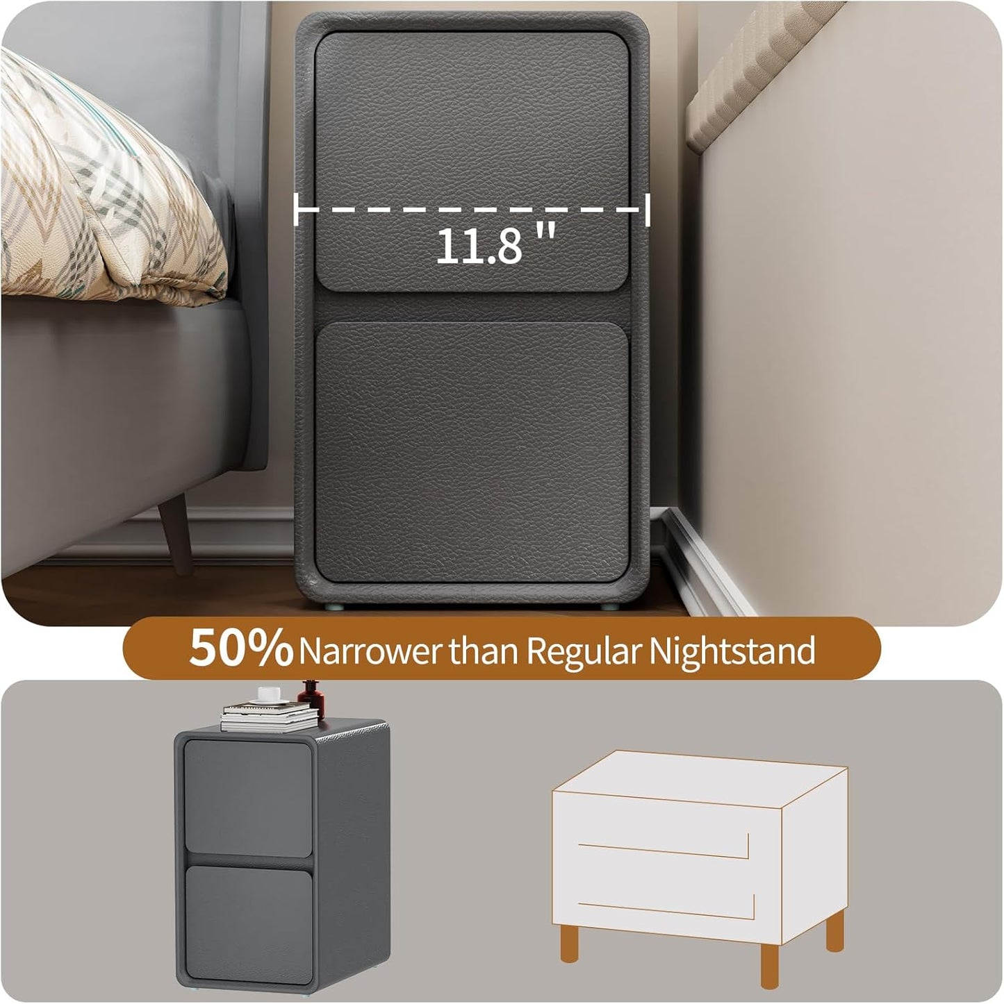 VICITON Modern Narrow Faux Leather Nightstand, Solid Wood Drawer, Storage Accent Table, Small Side End Table for Bedroom (Gray, Nomal(12 inch))