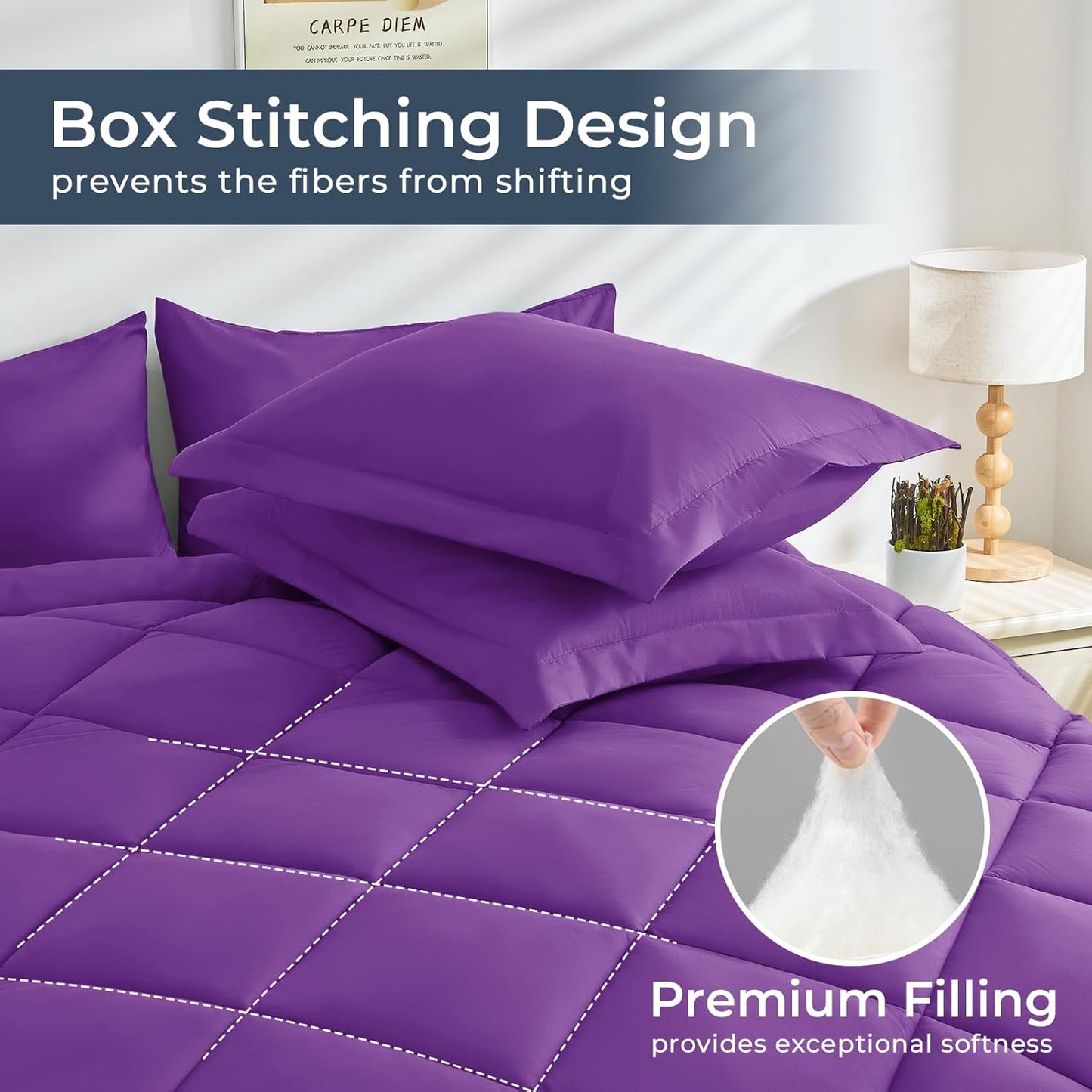 HEVUMYI Purple King Comforter Set - 7-Piece All Season Bed in a Bag King, Ultra Soft Bedding Set with Comforter, Flat Sheet, Fitted Sheet, Pillowcases, Pillow Shams