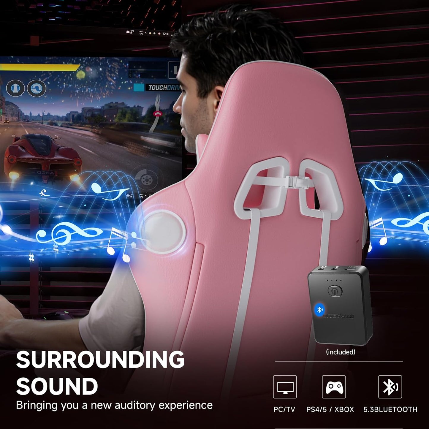 GTPLAYER Gaming Chair with Bluetooth Speakers and Footrest, Ergonomic Gamer Chair with Reclining Backrest, 3D Armrests, Adjustable Seat Height, Computer Desk Chair for Adults (Pink)