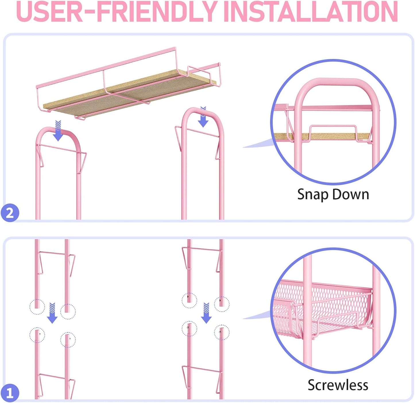 KINGRACK Metal Slim Rolling Cart,4-Tier Metal Utility Cart,Storage Cart with Wooden Tabletop, for Narrow Space on Laundry Bathroom Kitchen Room Bedroom Apartments Dormitory (Pure Pink, Slim)