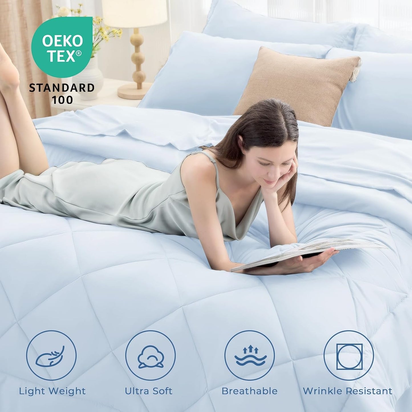 HEVUMYI Light Blue Twin-XL Comforter Set - 5-Piece All Season Bed in a Bag Twin-XL, Ultra Soft Bedding Set with Comforter, Flat Sheet, Fitted Sheet, Pillowcases, Pillow Shams