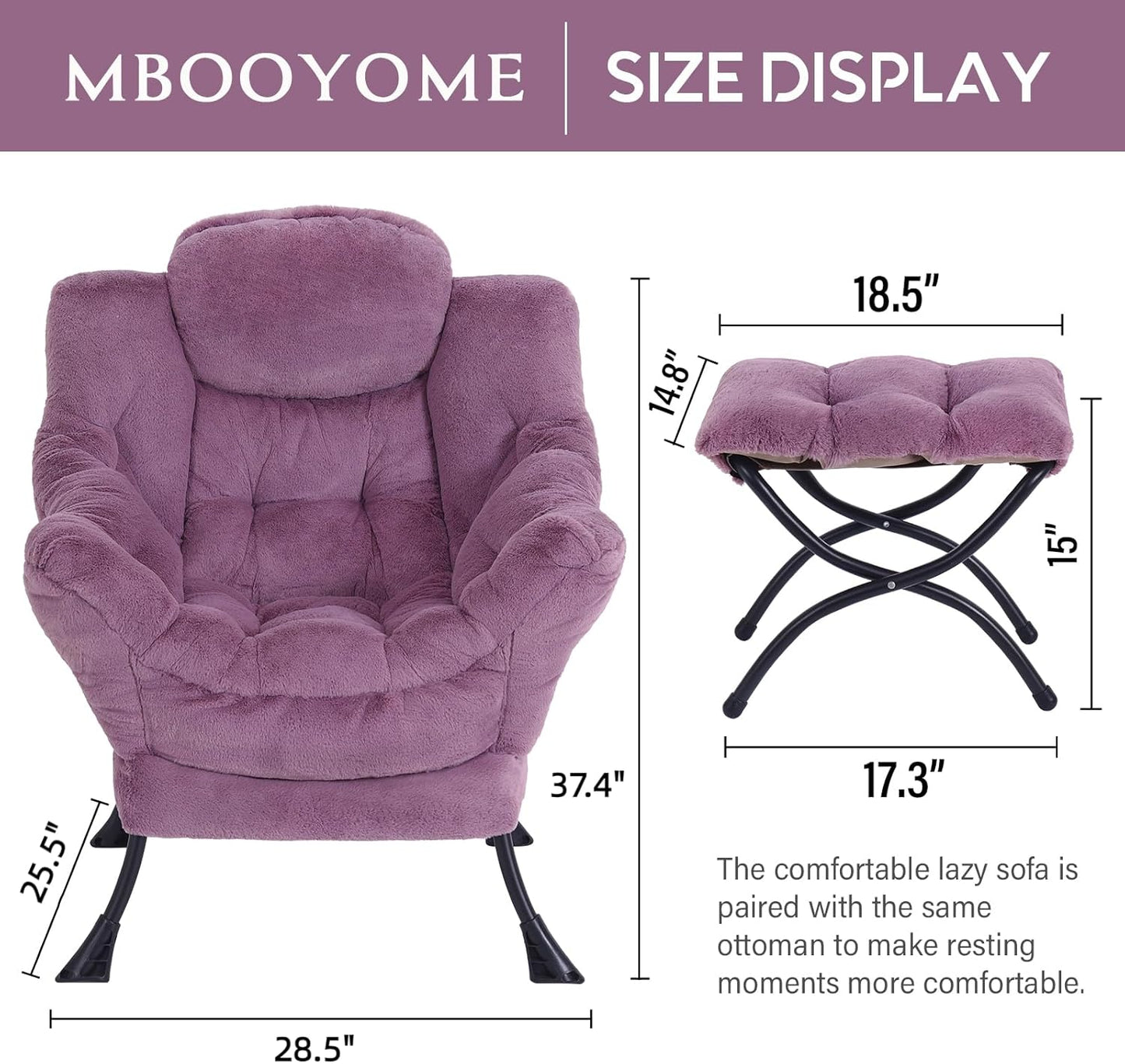 Lazy Chair with Folding Ottoman, Modern Accent Lounge Armchair with Armrests and a Side Pocket & Foldable Footstool, Leisure Reading Chair for Living Room, Bedroom, Dorm & Office, Plush Purpl