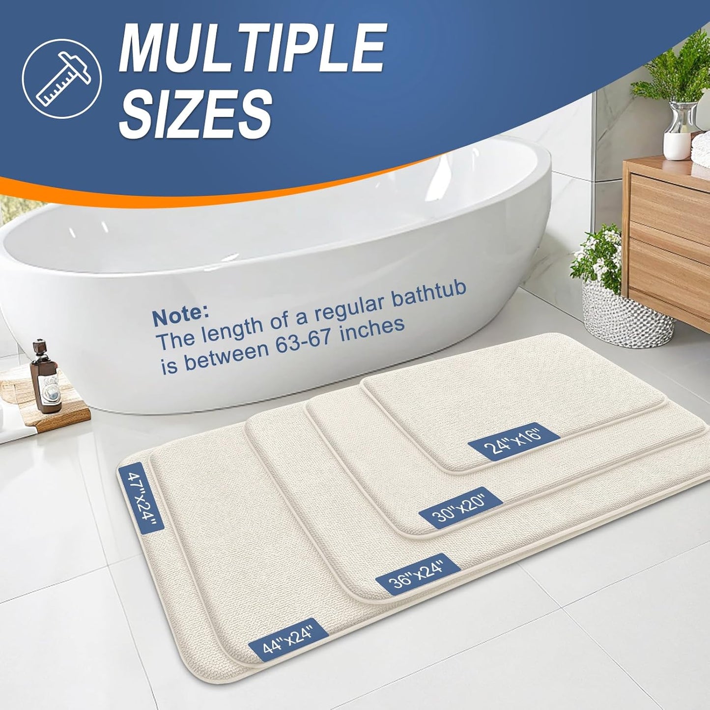 OLANLY Thick Memory Foam Bath Mat Rug 44x24, Extra Soft Absorbent Bathroom Rug, Quick Dry Bath Mats, Non-Slip, Machine Washable Carpet for Bathroom, Tub and Shower, Home Decor Accessories, Ivory
