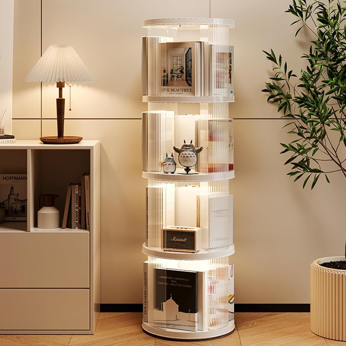 4 Tier Rotating Bookshelf Spinning Bookshelf Tower Swivel Bookcase Round Book Shelf for Small Space Revolving Bookcase for Playroom Bedroom Living Room