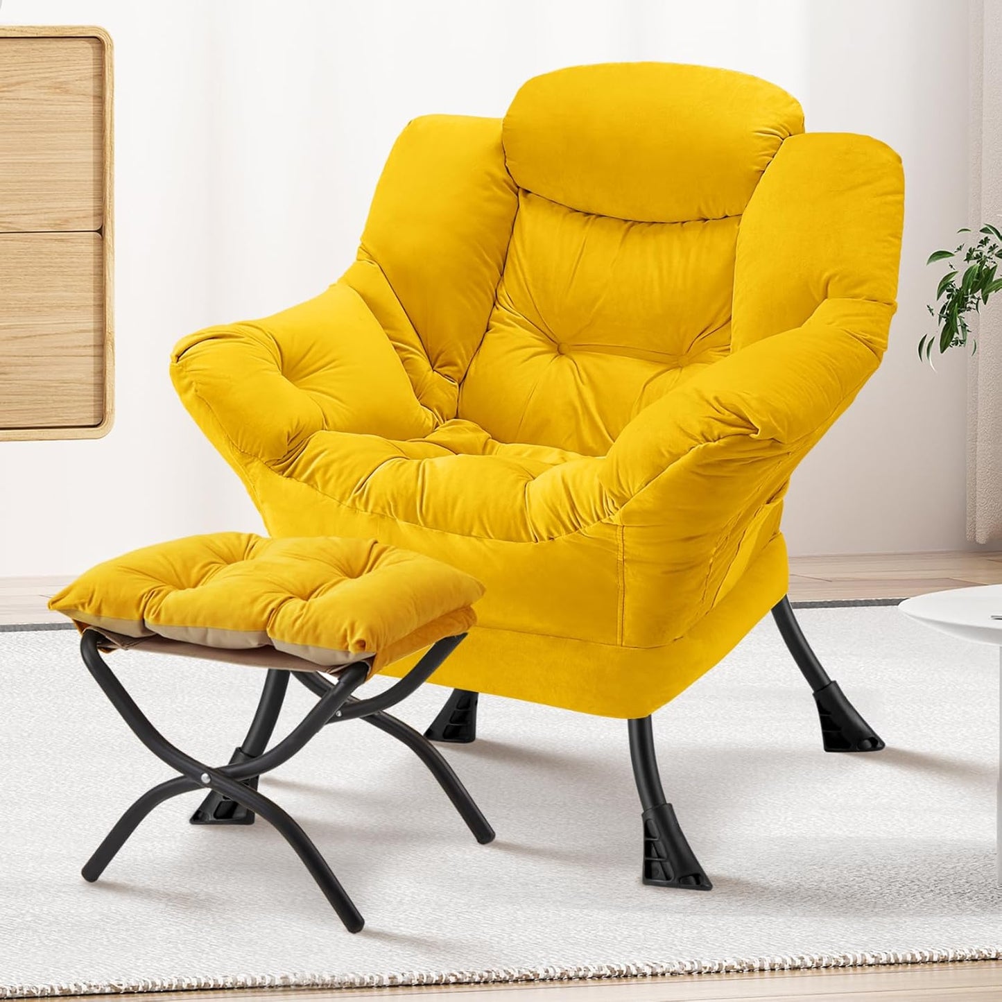 Lazy Chair with Folding Ottoman Modern Large Accent Chair,Contemporary Lounge Leisure Sofa Chair with Armrests Upholstered Sofa Armchair Reading Chair for Bedroom,Dorm & Office (Yellow-f)