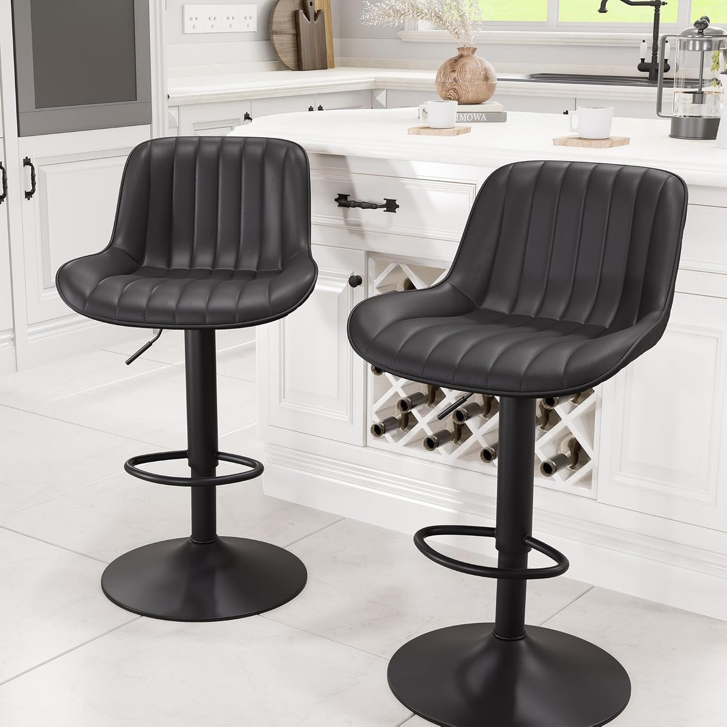 YOUNUOKE Black Bar Stools Set of 2 Adjustable Counter Height Stools Modern Swivel Barstools with Backs Mid Century PU Leather Upholstered Bar Chairs for Kitchen Island
