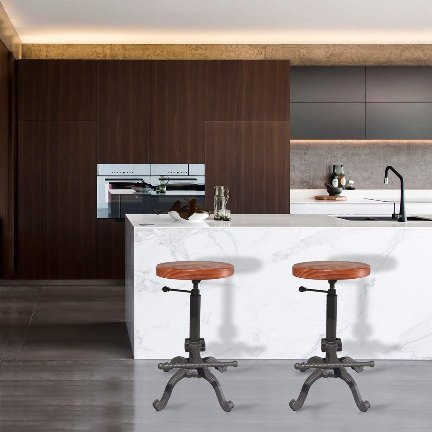 Topower Industrial Retro Vintage Farm Wooden Tractor Stool Kitchen Swivel Height Adjustable bar Stool (Dark Brown)