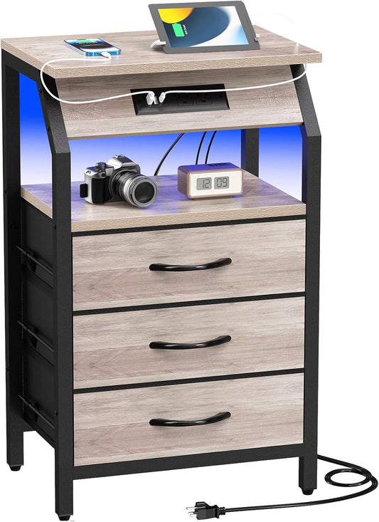 End Table with 3 Drawers, Night Stand with Charger Station and LED Lights, Small Nightstand with Fabric Storage, Farmhouse Side Table for Bedside, Living Room, Dorm, Greige