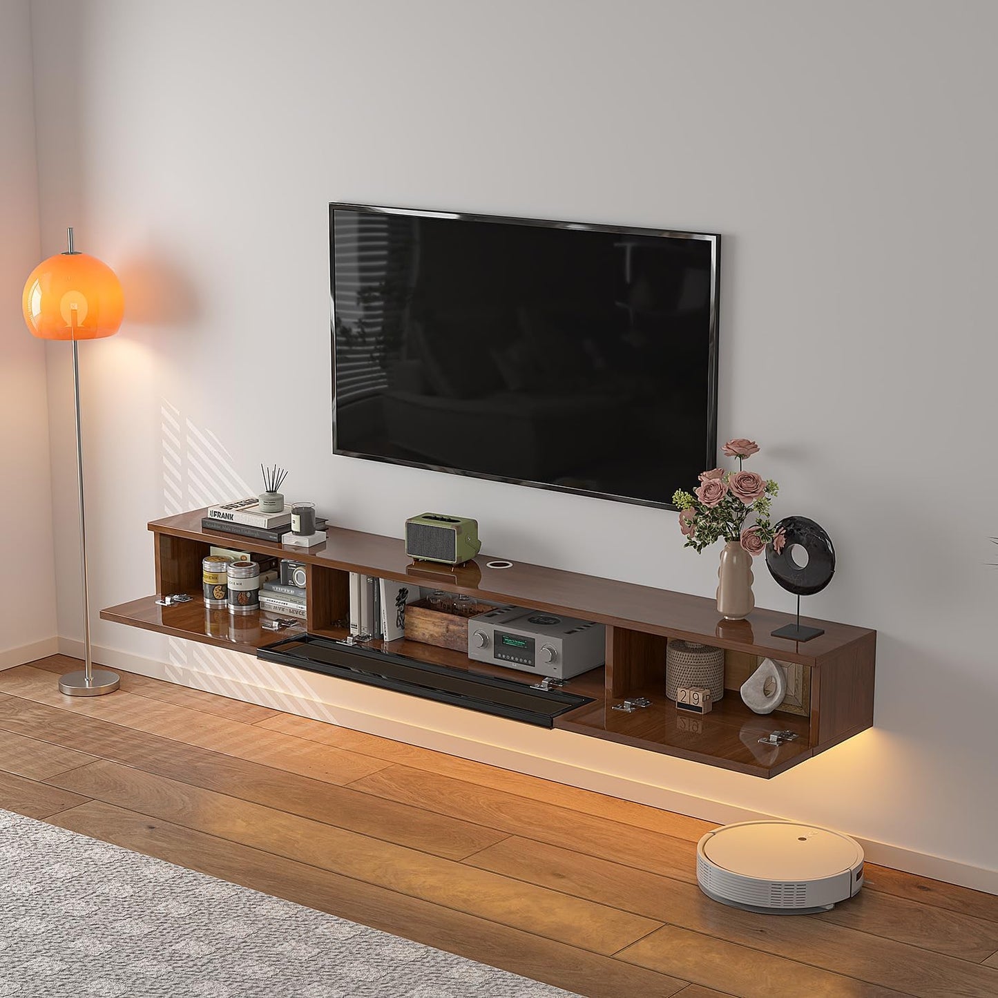 High Gloss Floating TV Stand,47'' Wall Mounted TV Console,Under TV Floating Shelf,Floating TV Cabinet with 3 Doors for Bedroom Living Room(Walnut)