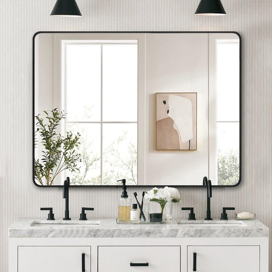 36"x48" Bathroom Wall Mirror with Matte Black Metal Frame & HD Glass, Copper-Free Mirrors Modern Rectangle Round Corner Framed Vanity Mirror - Horizontal or Vertical Installation