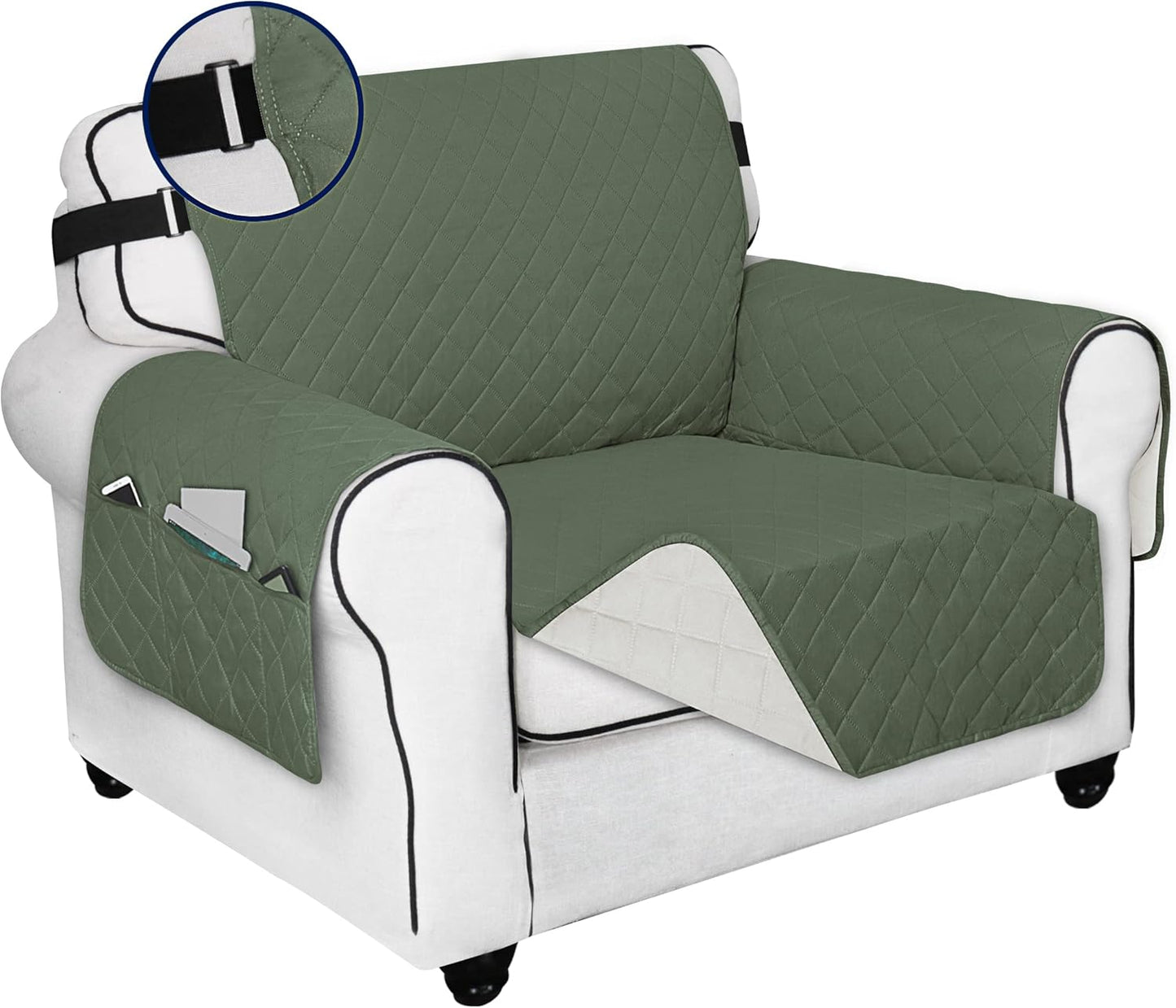 PureFit Reversible Sofa Cover Water Resistant Chair Couch Cover, Machine Washable Furniture Cover with Non-Slip Foam and Adjustable Strap for Dogs, Pets (Chair, Grayish Green/Ivory)