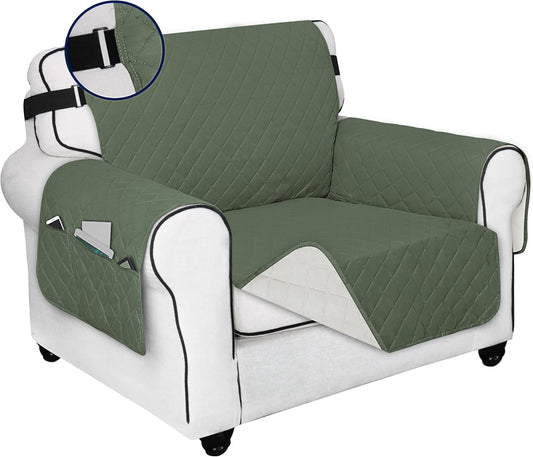 PureFit Reversible Sofa Cover Water Resistant Chair Couch Cover, Machine Washable Furniture Cover with Non-Slip Foam and Adjustable Strap for Dogs, Pets (Chair, Grayish Green/Ivory)